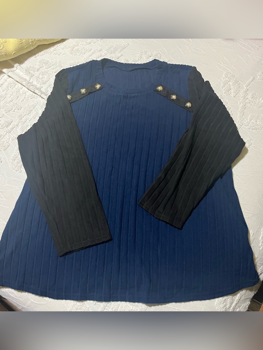 Ribbed Two-Tone Long Sleeve Top - Navy and Black - Size 5XL